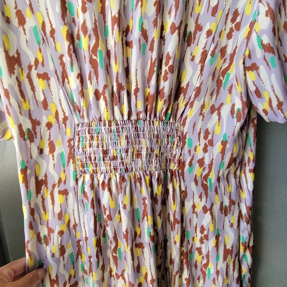 MELLODAY Puff Sleeve Satin Shirtdress Small Maxi Dress Button Down Purple Green - Picture 4 of 14